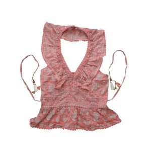 Alicia Bell Allie Halter Top Blouse‎ Ruffled Smocked Medium Orange NWT $220